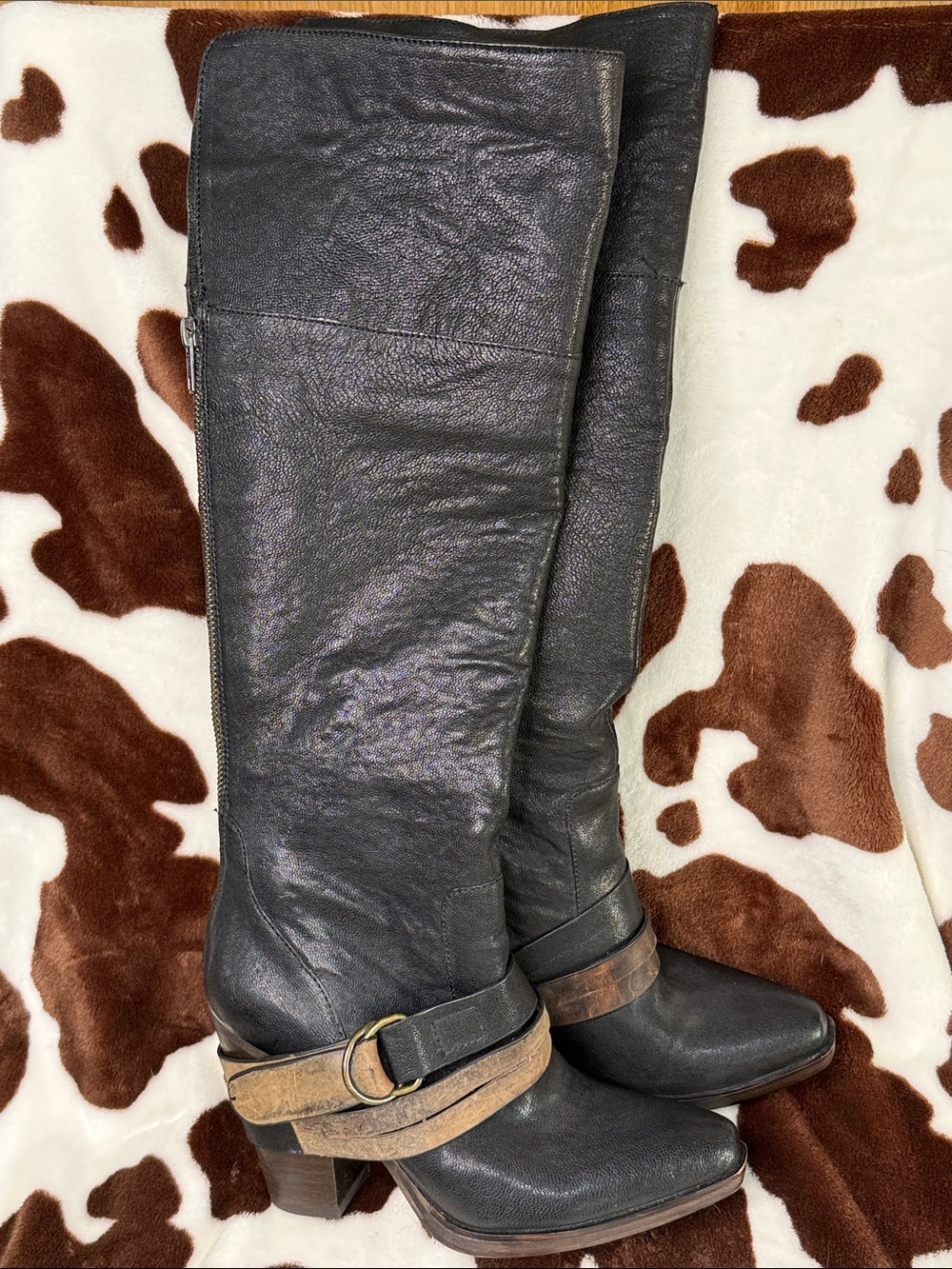 Steve Madden Black Over-the-Knee Leather Boots with Brown Buckle Strap